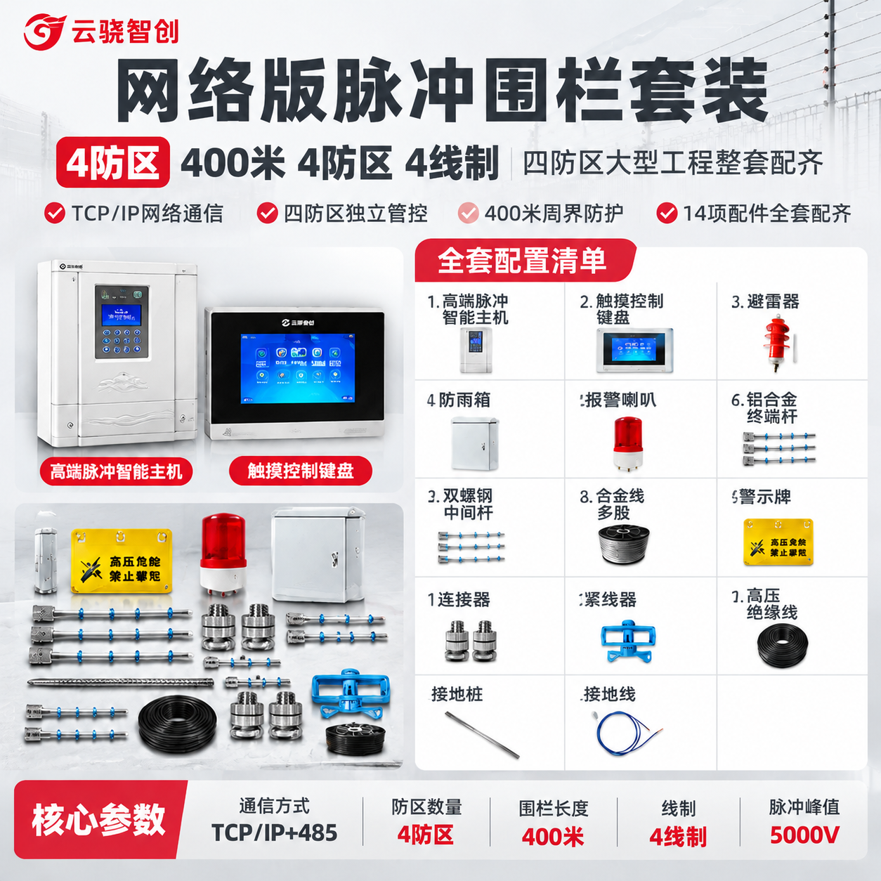将这张网络版400米4防区脉冲围栏套装主图的产品展示区（上方四… - 图片创意预览