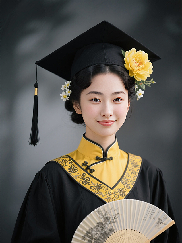 女生证件照，民国发型，穿黑色学士袍戴黑色学士帽，头发上戴黄色芍药花和白色小花，手执折扇，学士帽流苏，领口有黄色复古花纹，内衬是黄色旗袍，黑灰色朦胧背景，看镜头。