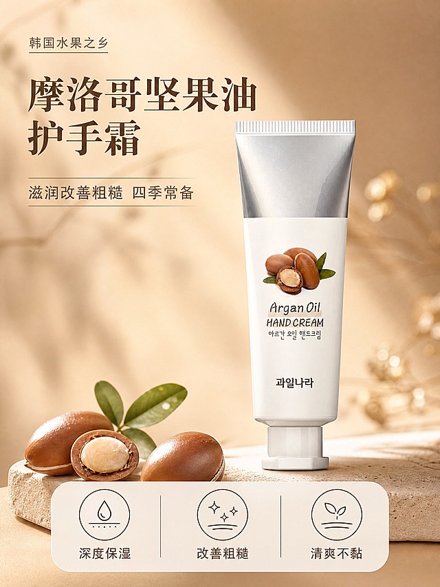 [主图-1] 首图品牌调性，任务是建立高级温润第一视觉印象，突出产品全貌与核心价值。
[统一基调] 韩系自然温润商业摄影风；主色=暖米杏+浅棕褐；标题字色=深棕褐；辅助字色=中暖灰；强调色=坚果棕；字体=优雅宋体粗体（标题）+简洁无衬线体（正文）；组件=圆角浅底信息卡、细线引线、圆形icon；光影=左前侧暖柔光，柔和自然阴影。
[画面] 产品居中偏下，正面微仰角度，占画面约50%；前景散落2颗饱满摩洛哥坚果与绿叶点缀，中景产品主体，后景暖棕渐变柔雾背景+柔和光斑；左上角放品牌名区域，底部放核心利益点；整体3层以上视觉层次，高级静物摄影质感。
[光影质感] 专业商业棚拍柔光，5500K中性暖白光，产品左侧主光、右侧辅光，底部柔和接触阴影，管身银色区域有干净高光条带，白色管身呈现细腻曲面反光，坚果有自然通透感。
[配色] 暖米杏底色+浅棕褐渐变+坚果棕点缀；背景做深浅层次和柔雾质感，不使用冷蓝、冷灰色调。
[文字版式] 左上小字「韩国水果之乡」，中部偏上大主标题「摩洛哥坚果油护手霜」，副标题「滋润改善粗糙 四季常备」，底部3个圆形icon分别标注「深度保湿」「改善粗糙」「清爽不黏」；所有文字横排，不遮挡产品主体图案和品牌名。
[输出要求] 比例3:4竖版，1440×1920像素以上，2K分辨率，文字清晰可读，产品清晰不变形；避免错字、模糊、杂乱、水印、平台Logo、冷蓝背景、产品颜色改变、管身文字错乱。