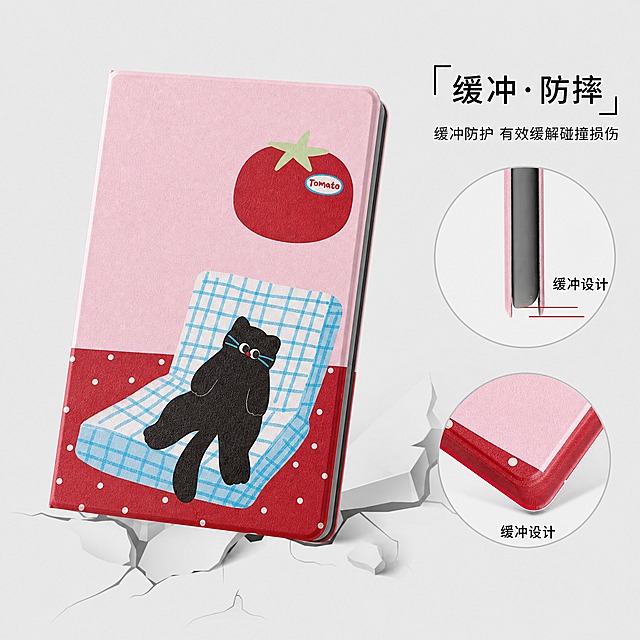 参考图1的版式骨架复刻海报，主体商品为图2的番茄黑猫平板保护套，100%还原上传商品图的产品外形、包装、印刷图案、颜色、材质质感与正面朝向，以上传图为唯一商品主体来源。版式复刻参考图1：产品斜向放置在画面左侧偏中位置，底部有碎裂地面效果表现防摔冲击感，右侧上下排列两个圆形细节放大图，右上角为主标题区。浅灰色干净背景，柔和侧前方光线，产品阴影自然。右上角主标题文字为「缓冲·防摔」，副标题为「缓冲防护 有效缓解碰撞损伤」，字体清晰醒目。右侧上方圆形放大图标注「缓冲设计」展示边缘缓冲结构，右侧下方圆形放大图标注「缓冲设计」展示边角防护细节。画面整体干净简洁，商业产品海报风格，排版精美，主体突出，文字不遮挡产品关键图案。画面比例1:1，超高清2K画质。