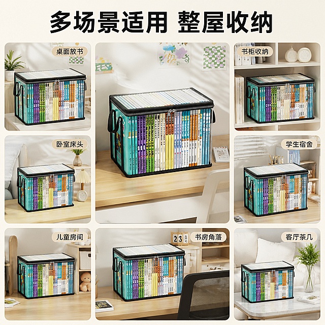 「图片1」「图片1」「图片1」「图片1」，生成一套主图（5张），商品名称是书本收纳箱，卖点是大容量，方便放取，适配抖音平台，主图比例为1:1
