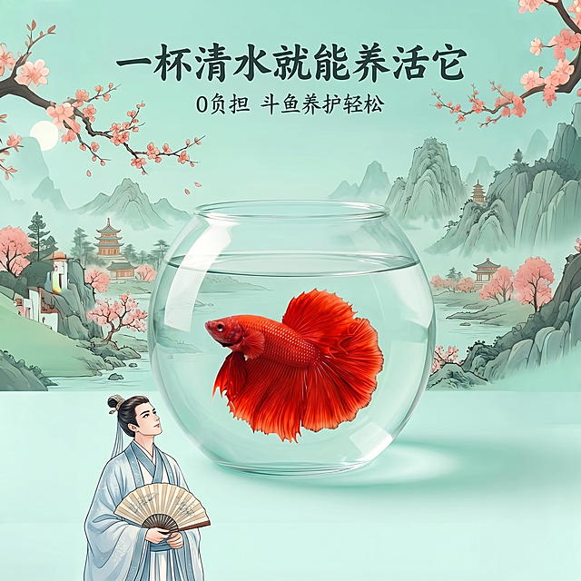 将原图片的背景颜色改成浅松石绿，把左下角的古风美女替换成一位气质儒雅的中国古风帅哥，保留鱼缸、斗鱼和所有文字内容不变，保持原有的国风水墨风格