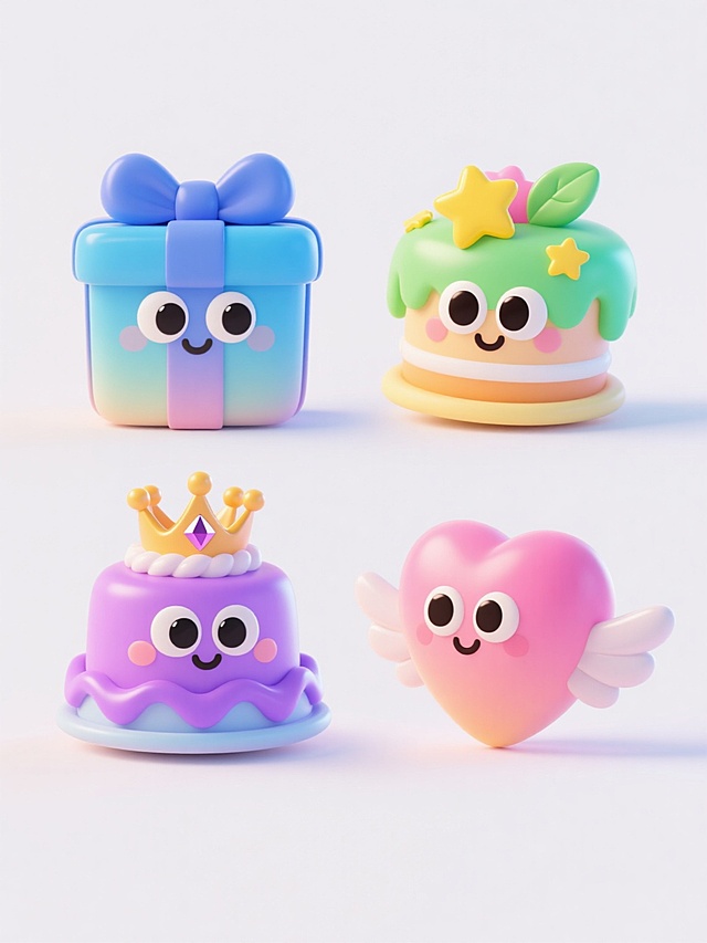 4个不同元素的3D卡通系列图标集合，保持相同的可爱Q版风格、圆润造型、光滑渐变材质和明亮光影效果，每个元素都有夸张的大眼睛、微笑表情和黄色星星装饰，元素分别为:蓝色渐变带蝴蝶结的礼物盒、绿色渐变带叶子的蛋糕、紫色渐变带皇冠的宝石、粉色渐变带翅膀的爱心，所有元素规整排列在纯白色背景上，色彩鲜艳明快，风格统一且充满童趣。