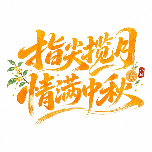 橙黄色字体，白色背景，干净的背景，创意手写体字体设计八个字"指尖揽月，情满中秋"，分两行排列，上行"指尖揽月"下行"情满中秋"，将字体进行大幅度抽象变形。笔画粗重饱满带有水彩笔刷纹理质感，笔画末端圆润有力带有书法笔触的飞白效果，整体字形活泼灵动向右上方微微倾斜富有动感，字与字之间笔画紧密穿插连笔共用形成整体感，左侧点缀桂花枝叶装饰，右侧点缀月饼印章和"中秋"红色小印章装饰，底部有橙色笔刷横线装饰，整体风格温暖喜庆充满中秋节日氛围。画面中只能出现这八个字："指"、"尖"、"揽"、"月"、"情"、"满"、"中"、"秋"，不得出现参考图中的原文字，不得增加、遗漏或替换任何一个字。文字整体必须完整呈现在画面内不可被裁切，四周留有安全边距