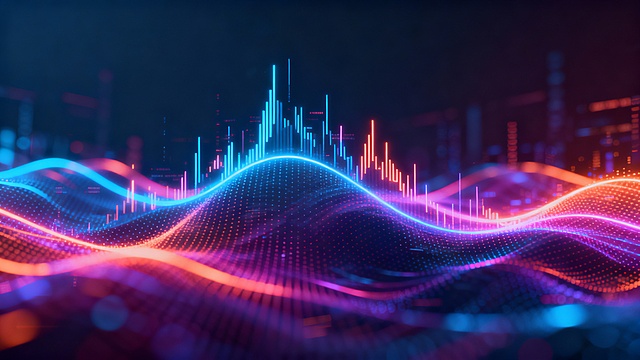 Crypto market energy wave background, glowing light waves and data pulses, dynamic motion blur, neon gradients, futuristic finance visualization, powerful but clean composition, no charts, no text