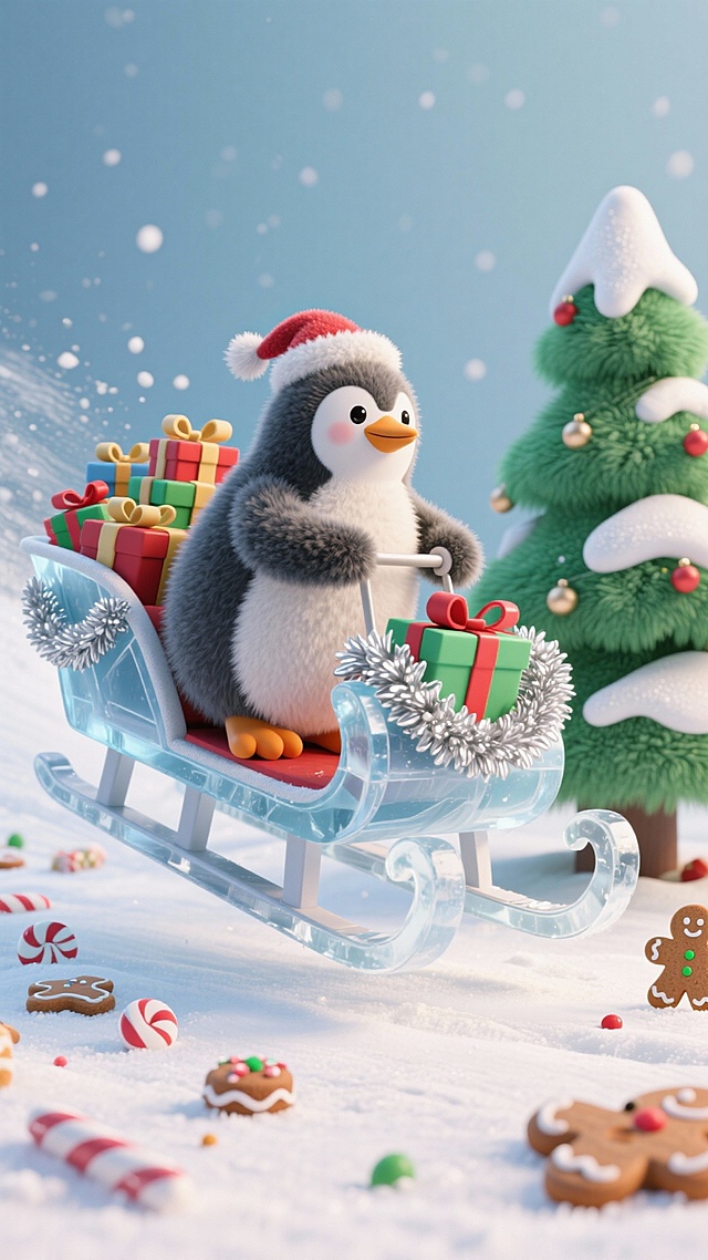 软3D风拟人企鹅戴圣诞帽驾雪橇，载满礼物穿梭雪景，玻璃质感雪橇与糖果点缀，营造梦幻温馨的节日氛围。