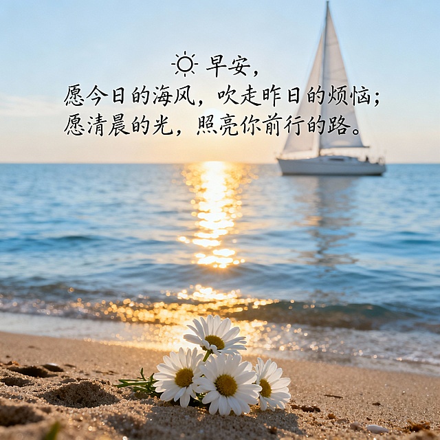 生成一张 200×200px 的早安祝福图，背景是清晨的海边，浅蓝的海面泛着金色晨光，远处有白色帆船，前景是沙滩上的白色雏菊。文字为 “🌞 早安，愿今日的海风，吹走昨日的烦恼；愿清晨的光，照亮你前行的路。” 字体用温柔的手写体，整体色调清新治愈。