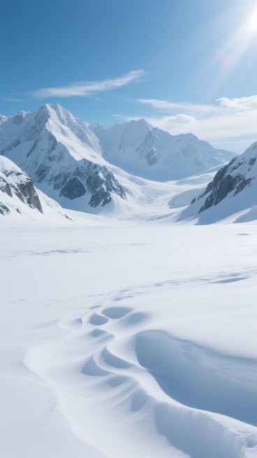 超写实风格冰雪背景，纯净无暇的广阔雪原，远处巍峨耸立的雪山群峰覆盖着厚厚的积雪，山脊线清晰锐利，山体岩石的深色纹理在白雪映衬下形成鲜明对比，近处雪地呈现细腻的波浪状起伏，表面有被风吹出的自然纹理和阴影，上方是清澈的蓝色天空，点缀着几缕轻薄的白云，左侧天空有明亮的阳光照射，形成柔和的光晕和渐变的光影效果，整体色调以纯净的白色和不同层次的蓝色为主，营造出宁静、辽阔、寒冷而壮丽的冰雪世界氛围，画面具……预览效果