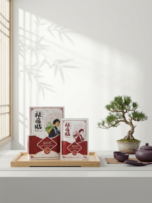 一张新中式健康养生主题的祛痛贴产品场景图，主体保持原产品包装结构不变，保持产品包装上所有文字和Logo原样不变。场景为东方禅意白墙空间，浅原木色木托盘上摆放施阳堂祛痛贴产品，旁边点缀着盆景盆栽和紫砂茶预览效果