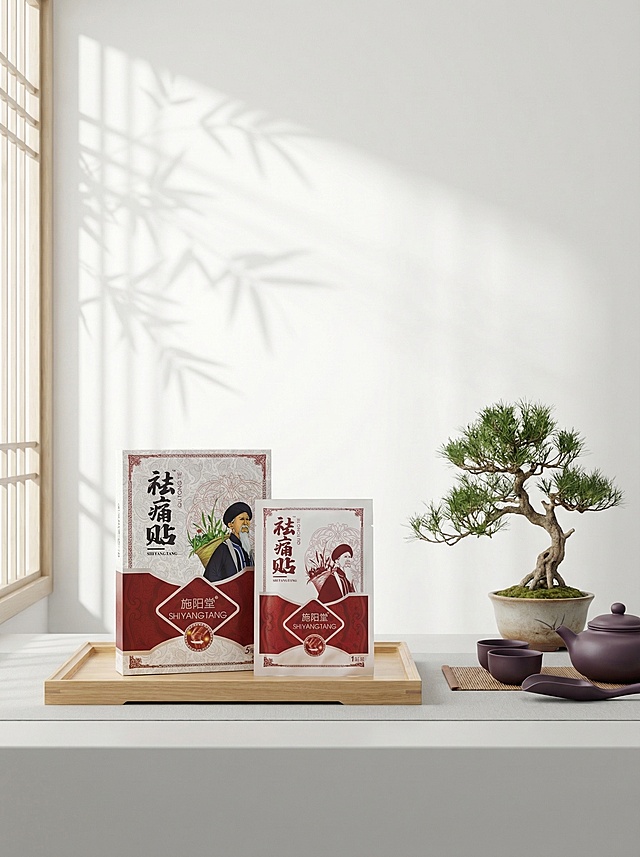 一张新中式健康养生主题的祛痛贴产品场景图，主体保持原产品包装结构不变，保持产品包装上所有文字和Logo原样不变。场景为东方禅意白墙空间，浅原木色木托盘上摆放施阳堂祛痛贴产品，旁边点缀着盆景盆栽和紫砂茶具，自然侧光透过窗户在墙面投下竹影，大面积留白，三分法构图，整体明亮干净通透，低饱和度色调，商业高调摄影，柔和漫射光