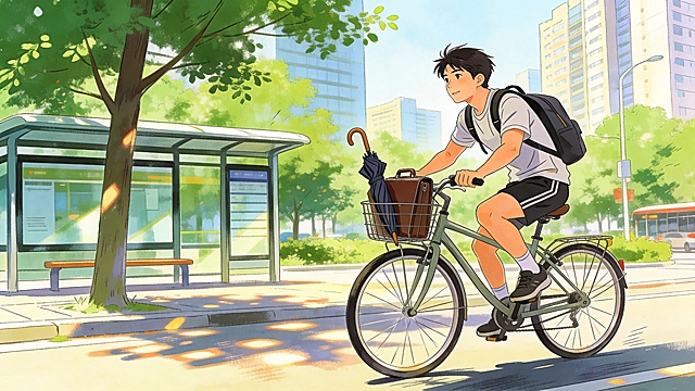 上班族通勤运动主题手绘插画，展示年轻人骑行通勤的户外场景，体现增加日常运动量的健康理念，手绘插画风格，活力现代，画面无任何文字