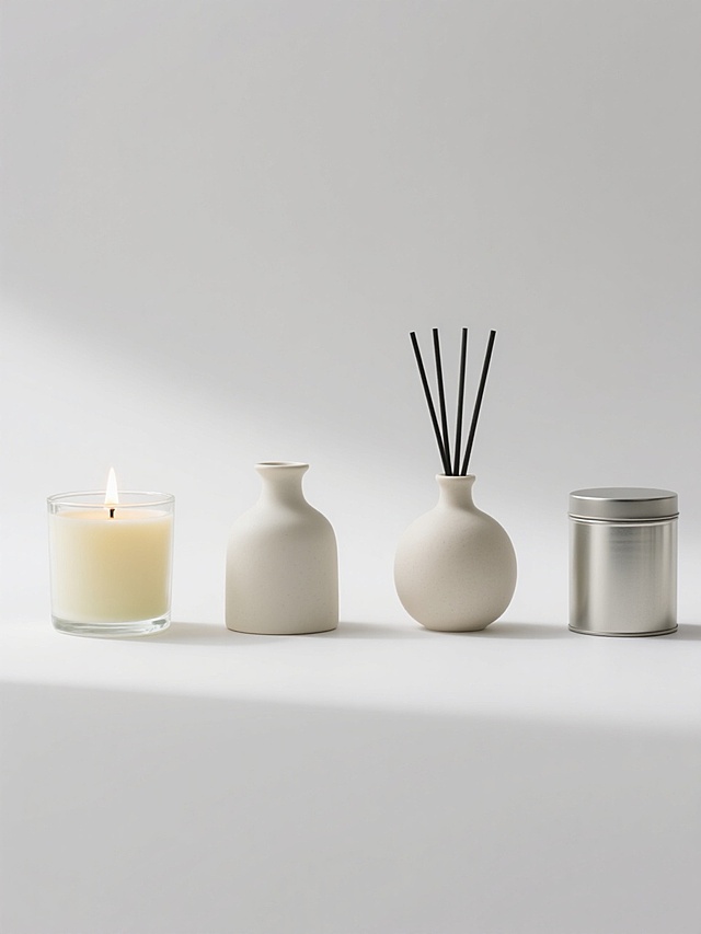简约现代风格，四个不同造型的香薰产品规整排布，包含透明玻璃罐香薰蜡烛（带燃烧火焰和淡黄色蜡体）、其他材质或造型的香薰容器（如陶瓷瓶、金属罐等），每个香薰产品保持清晰的材质质感和光影细节，纯净白色纯色背景，无任何文字、logo、水印及多余装饰元素，整体构图对称平衡，光线柔和自然，突出香薰产品的简约设计和精致质感。