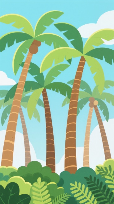 明亮的卡通风格插画，多棵高大的椰子树矗立在画面中央，树干呈棕色并带有环形纹路，顶部是茂密的绿色羽状叶片，叶片边缘有清晰的轮廓线和渐变的光影效果，树下环绕着低矮的绿色灌木丛和蕨类植物，整体色彩明快鲜亮，以蓝绿色调为主，背景是淡蓝色的天空点缀着少量白云，画面充满热带风情和童趣，构图饱满均衡，线条平滑流畅，具有明显的扁平化设计感和动画艺术特征。预览效果
