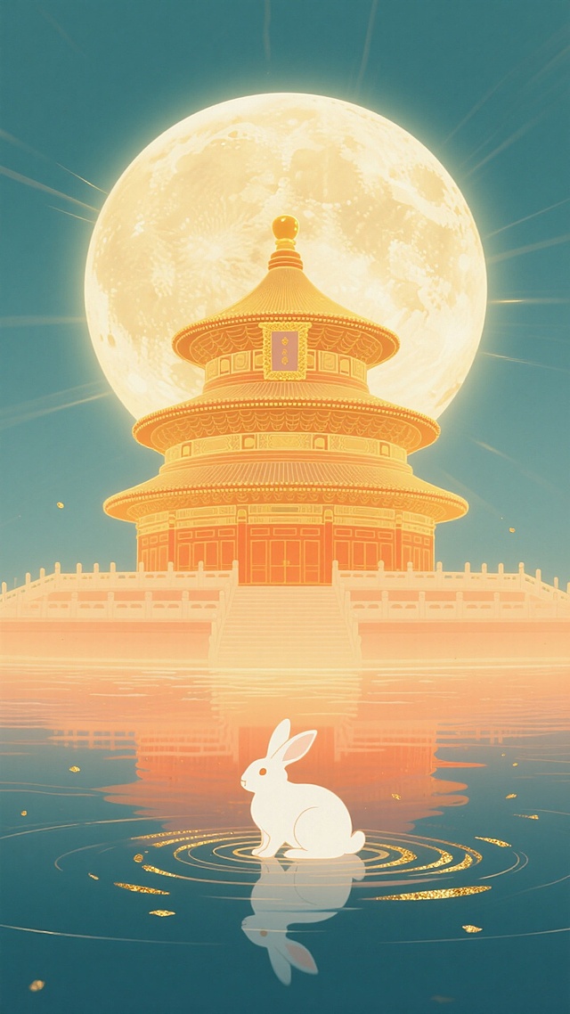 国潮风插画，融合中式建筑与梦幻月色，鎏金剪影勾勒天坛轮廓，水彩质感渲染水面倒影，玉兔静坐涟漪中央，唯美感十足，中秋佳节氛围浓厚。