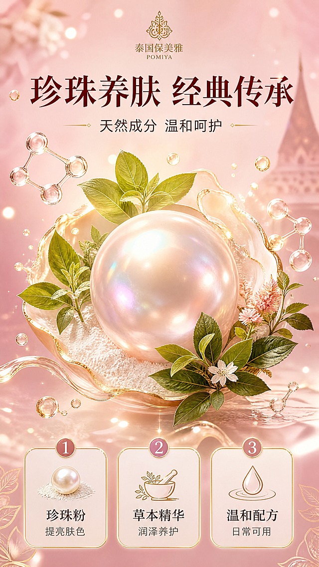 [商品] 成分机理专页，无需垫产品图；以珍珠粉、草本精华为核心原料视觉，呼应【图1】泰国保美雅珍珠膏的产品定位。
[画面] 目标：成分与功效理由展示，建立养肤信任。构图：成分展示型，中央大号3D珍珠粒子+草本植物叶片环绕，占主画面约60%；周围漂浮分子结构与精华液滴；底部3个编号功效点卡片。前中后景：前景大珍珠主体，中景草本叶片与分子，背景柔粉渐变+微光粒子；≥3层视觉层次。阅读动线：顶部主标题→中央成分大视觉→底部编号利益点。
[视觉] 套系策略：风格=泰式复古高级美妆商业摄影；标题字=优雅衬线粗体（中文）；正文字=简洁现代无衬线体；主色=柔粉+米白；背景延展=基于柔粉色做深浅渐变、微光粒子漂浮、朦胧光晕背景；强调色=香槟金，仅用于小面积图标、引线、标签和珍珠高光；标题色=深酒红；正文色=深棕灰；组件=圆角金边信息卡、细线引线、圆形编号icon；光影=中央聚光，四周柔化，珍珠带虹彩高光。
[文字] 顶部主标题「珍珠养肤 经典传承」（8字），副标题「天然成分 温和呵护」；底部3个编号利益点：「1. 珍珠粉 提亮肤色」「2. 草本精华 润泽养护」「3. 温和配方 日常可用」；成分核心元素占画面50%以上，不做小icon点缀。
[规格] 淘宝/天猫详情页单屏9:16竖版，分辨率4K，负向提示：避免变形、错字、文字过小、冷蓝背景、医疗功效承诺、绝对化用语、成分元素过小。
