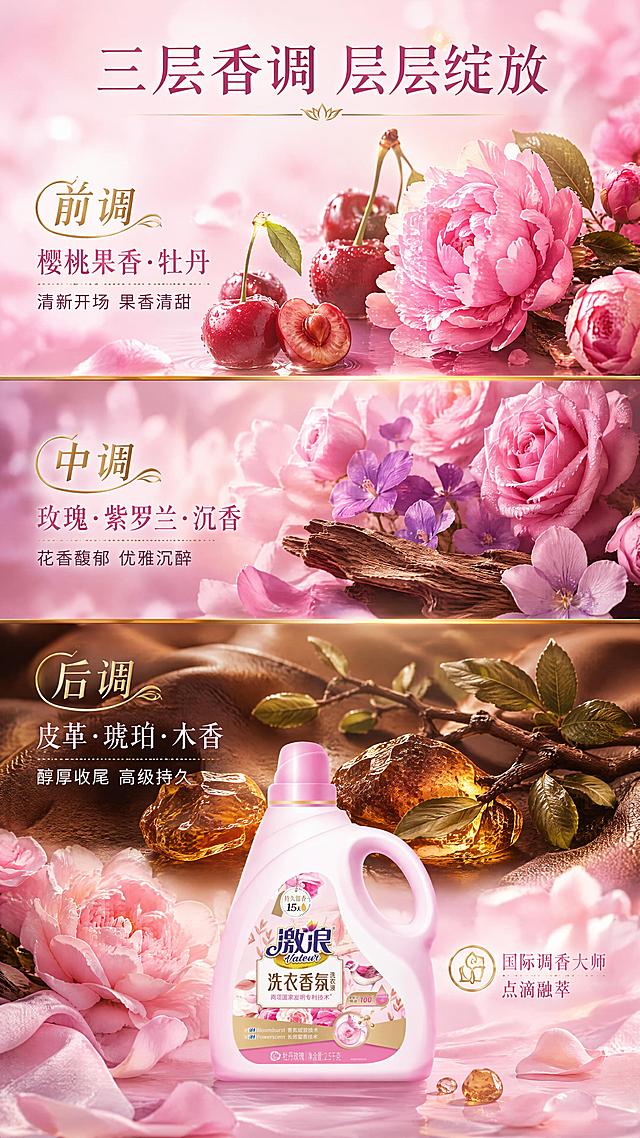 [第2屏] 香调层次解析-激浪洗衣香氛洗衣液前中后调三段式香氛展示。本屏使用【图1】作为商品主体（底部展示）。
[氛围/风格] 浪漫香氛氛围感，高级花艺质感，商业摄影级光影，柔美轻奢。
[元素布局] 画面纵向分为上中下三段香调区域，每段对应一种香调；上段前调区：樱桃果实、牡丹花束、粉色光晕，占画面上三分之一；中段中调区：玫瑰花丛、紫罗兰花瓣、沉香木纹理，占画面中三分之一；下段后调区：皮革纹理、琥珀原石、木香枝叶，占画面下三分之一；底部中央偏下位置放置洗衣液瓶缩小版产品图，占比约20%；每段香调有金色分隔线与香调名称标签；整体画面有真实花艺、果实、木质纹理等元素，层次丰富。
[光影质感] 每段区域有独立柔光照明，上段明亮粉调，中段暖玫瑰光，下段琥珀暖棕光，过渡自然，产品有柔和侧光勾勒轮廓。
[配色色系] 全局底色渐变：上段#F8BBD0、中段#F48FB1、下段#E1BEE7渐变过渡；主色粉紫粉棕渐变；辅助色金色分隔线、深棕后调；点缀色白色文字。
[视角构图] 纵向三段式构图，阅读动线自上而下，从上到下依次阅读前中后调。
[文字版式] 每段左侧大香调名称+右侧香调描述。上段主标题「三层香调 层层绽放」位于画面顶部中央；前调区「前调 樱桃果香·牡丹」配小字「清新开场 果香清甜」；中调区「中调 玫瑰·紫罗兰·沉香」配小字「花香馥郁 优雅沉醉」；后调区「后调 皮革·琥珀·木香」配小字「醇厚收尾 高级持久」；底部产品旁小字「国际调香大师 点滴融萃」；文字清晰，字号适中，手机端可读。
[比例分辨率] 9:16 竖版比例，4K 分辨率，文字清晰可辨，高清画质。
[负向提示词] 产品变形，文字错乱，颜色偏差，水印，产品图模糊，背景杂乱。