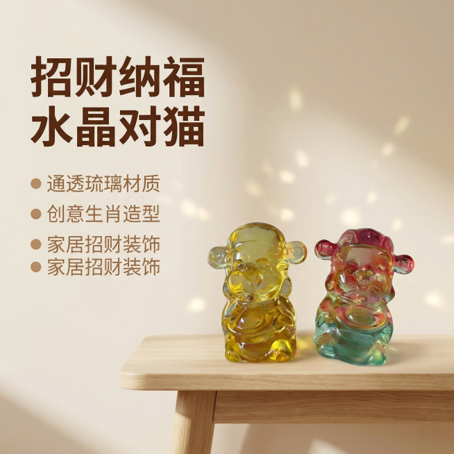 [主图 1] 
[主图主题] 招财猫水晶摆件一对 玄关桌面装饰
[氛围/风格] 轻奢国风家居场景，温馨高级感，突出通透水晶质感
[画面元素] 招财猫水晶摆件一对居中展示，摆放在简约原木玄关台面上，背景预览效果