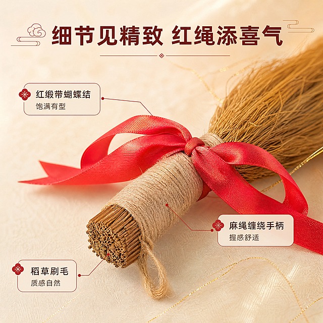 [商品] 使用【图3】单支平躺稻草小毛刷捆红绳款；保留稻草刷毛根部切面、麻绳缠绕纹理、红缎带蝴蝶结褶皱细节、挂绳结构；商品处理：放大展示材质细节，增强稻草纤维纹理与红缎带光泽质感。
[画面] 目标：细节质感展示，突出手工工艺与材质特点。构图：产品斜向贯穿画面中部，占画面60%，上下留白放文案与标注。微距特写视角，重点展示红绳捆扎处的蝴蝶结细节与稻草刷毛的自然纹理，背景为暖米色柔焦背景，点缀几缕金色细丝线增加精致感。
[视觉] 套系策略：风格=中式喜庆温馨商业摄影风；标题字=阿里巴巴普惠体粗体；正文字=阿里巴巴普惠体常规体；主色=暖米杏色；背景延展=基于暖米杏做深浅层级、同色渐变和细腻宣纸/麻布质感；强调色=中国红，仅用于小面积图标、引线、标签和装饰元素；标题色=深枣红；正文色=深棕灰；组件=圆角浅底信息卡、细红引线、中式云纹装饰；光影=左前侧暖柔光，产品下方柔和投影。
[文字] 上方主标题"细节见精致 红绳添喜气"，用细红引线标注3处细节："红缎带蝴蝶结 饱满有型""麻绳缠绕手柄 握感舒适""稻草刷毛 质感自然"，文字分布在产品周围空白处，不遮挡关键细节。
[规格] 图片比例1:1正方形，4K，负向提示：避免变形、错字、文字过小、冷蓝/蓝灰背景、产品颜色改变、天然/环保/原生态等极限词、淘宝违禁词、小标致图案、平台Logo水印。