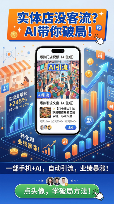 小红书风格竖版营销海报，顶部用蓝色加粗字体搭配橙色背景写着“实体店没客流？AI带你破局！”，中间展示手机屏幕上AI生成的爆款引流文案和高质量门店视频，周围环绕着数据增长图表，下方用深蓝色字体写着“一部预览效果
