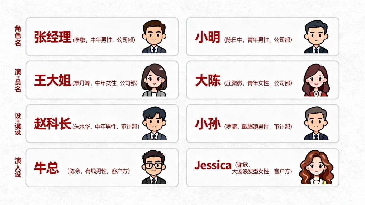 帮我生成图片：标题：主演阵容
布局：2 列 4 行表格（每格 1 个角色），左侧角色信息，右侧配演员卡通形象，提供的资料顺序：角色、演员、卡通形象、部门
 1：张经理 | 李敏 |中年男性| 公司部预览效果