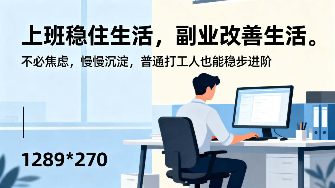 1280*720尺寸，包含办公室员工元素的海报，主副标题分明，主标题是"上班稳住生活，副业改善生活"，副标题是"不必焦虑，慢慢沉淀，普通打工人也能稳步进阶"，使用黑体，字体清晰，不要行书楷体，现代简约预览效果