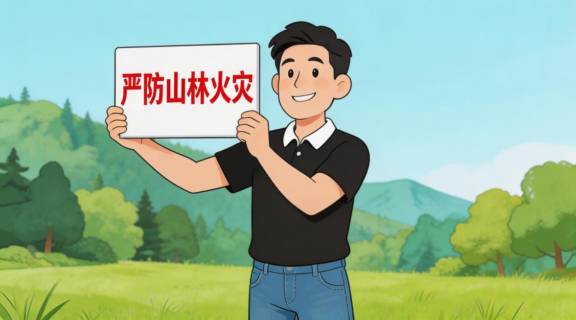 相同漫画风格，同一个面相和善的男士形象，他穿着黑色polo上衣和牛仔长裤，站在绿草地上，手举写着"严防山林火灾"的提示牌，保持统一漫画画风，场景明确预览效果