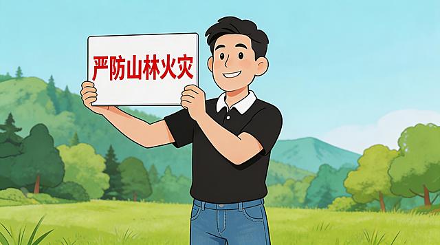 相同漫画风格，同一个面相和善的男士形象，他穿着黑色polo上衣和牛仔长裤，站在绿草地上，手举写着"严防山林火灾"的提示牌，保持统一漫画画风，场景明确