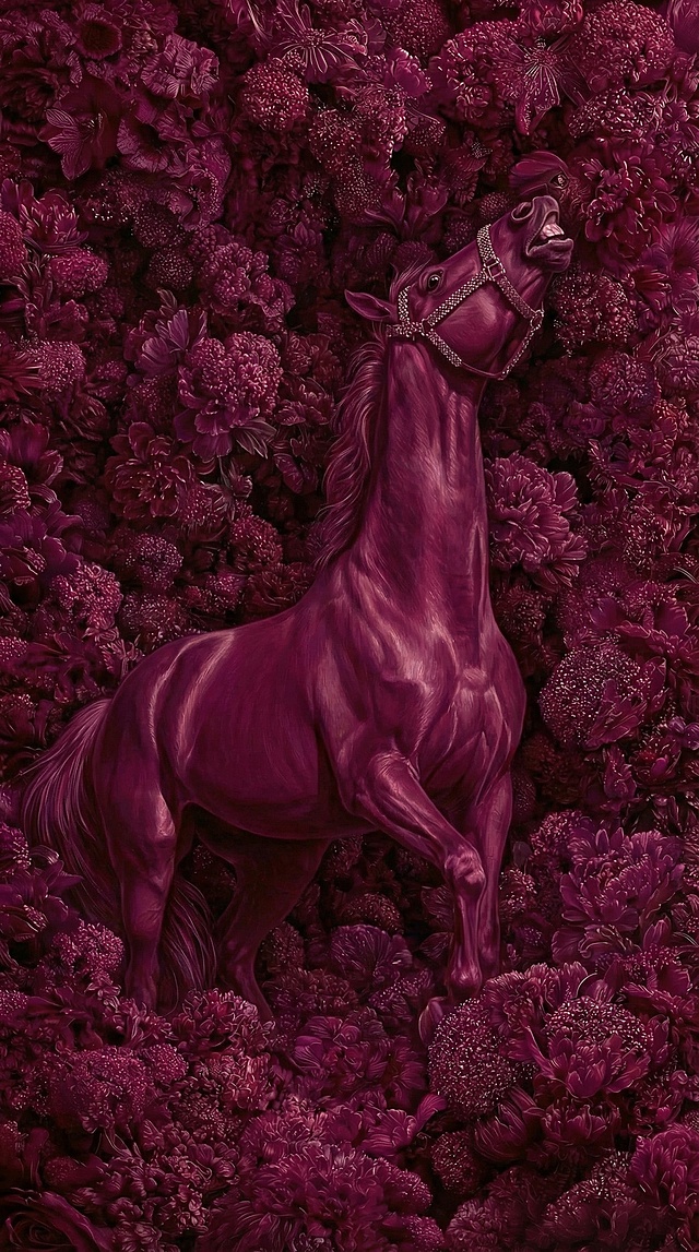 生成5张，不同的马匹的姿态，马匹要呈现出整体，被花团锦簌