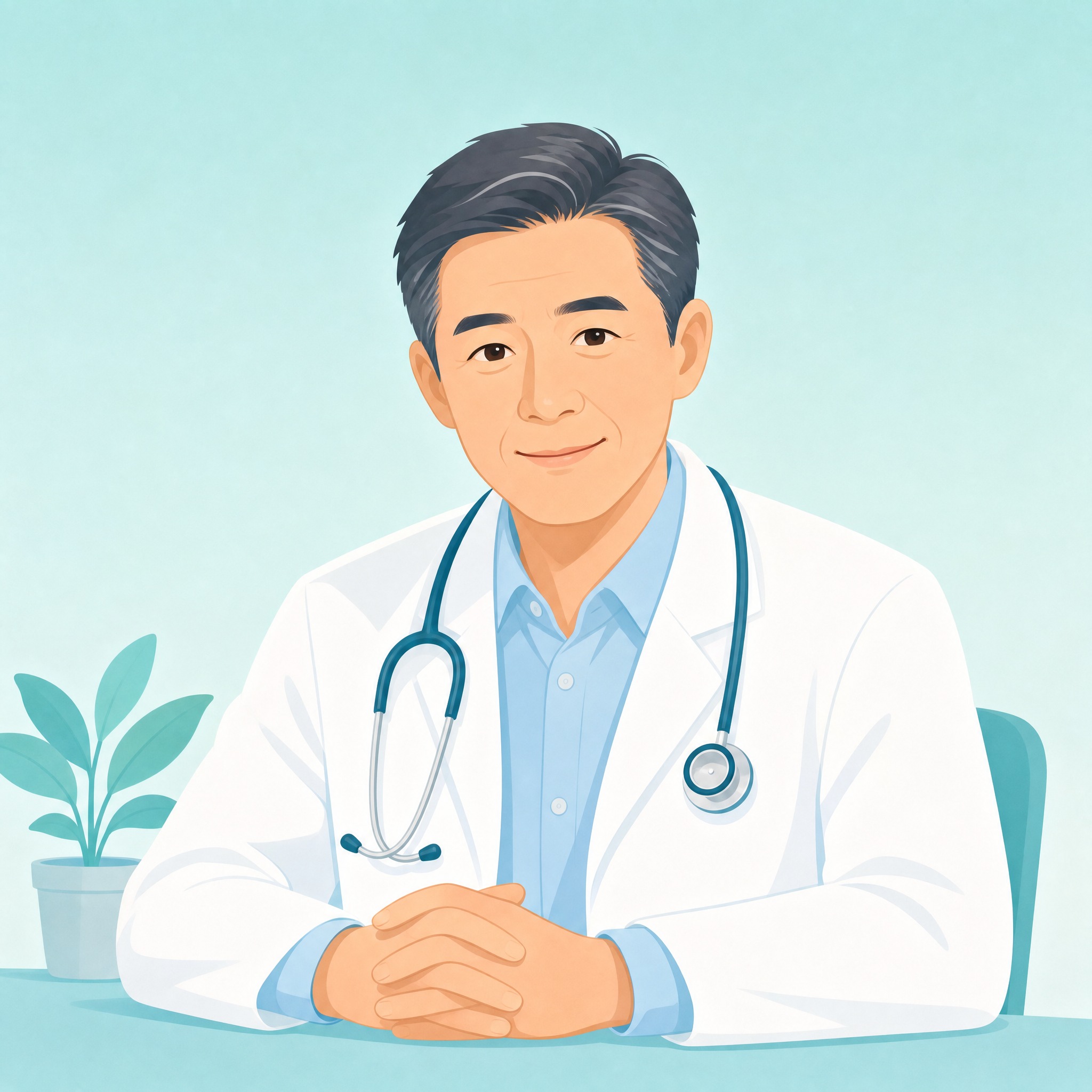 参考图中的配色和扁平插画风格，生成一位男医生形象。中年男性医生… - 图片创意预览