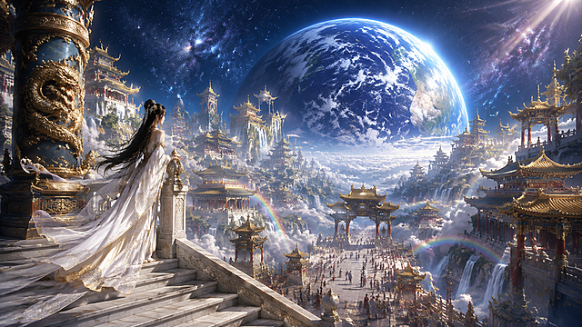 上古东方星穹天宫秘境，云海之上的宇宙仙宫，史诗级中式仙侠美学场景，极繁主义细节，极致纵深空间深邃感，兼具恢弘仙气与空灵孤寂感，低角度纵深构图，以白玉石阶与巨型地球为引导线，强化从近景女子到远景宇宙的多层级空间延伸感，打造天宫望地球的史诗透视效果，画面左侧的白玉石阶上，身着素白镶金古装的女子凭栏而立，长发垂落，衣袂随风轻扬，目光望向天际，石阶旁的巨型青铜龙纹立柱，雕工繁复，尽显天宫的威严，云海之上，两侧的鎏金古殿依山势层叠分布，飞檐翘角，红柱金瓦，广场上人群熙攘，尽显天宫盛景，云海瀑布飞流直下，水雾间映出双彩虹，为场景增添灵动仙气，深邃的宇宙天际，巨型地球悬于云海之上，蓝白轮廓清晰可见，阳光穿透云层洒下柔光，云海与星空连成一片，通过石阶的引导、建筑的对称分布、光影的明暗对比，极致放大场景的宇宙级恢弘感与空灵氛围，古殿的飞檐斗拱、雕花窗棂、红柱金瓦的质感，青铜立柱的龙纹浮雕，白玉石阶的纹理，细节可放大赏析，云海的蓬松流动效果、瀑布的水流与水雾、彩虹的色彩层次、古装女子的衣袂褶皱与发丝动态、巨型地球的光影与轮廓，微观层次饱满，近实远虚、冷调为主，近景石阶与人物在柔光下细节清晰，中景云海与古殿泛着朦胧冷光，远景地球与星空泛着幽蓝光晕，明暗对比与虚实渐变强化宇宙仙侠感，整体光影层次丰富，氛围感拉满，建筑的木质与鎏金光泽、青铜立柱的厚重肌理、白玉石阶的温润质感、云海的朦胧流动感、衣料的轻盈飘逸感，8K超写实渲染，极致细节质感，中式仙侠美学，宇宙史诗，极繁主义构图，秩序井然的元素堆叠，纵深空间与光影打造极致恢弘空灵感，UE5渲染，8K超清，电影级调色，景深效果，HDR，禁止西方建筑元素、现代科技、畸形结构、模糊纹理、杂乱色彩、过曝/死黑区域，禁止人物出现畸形肢体，禁止破坏空间纵深感的平面化构图