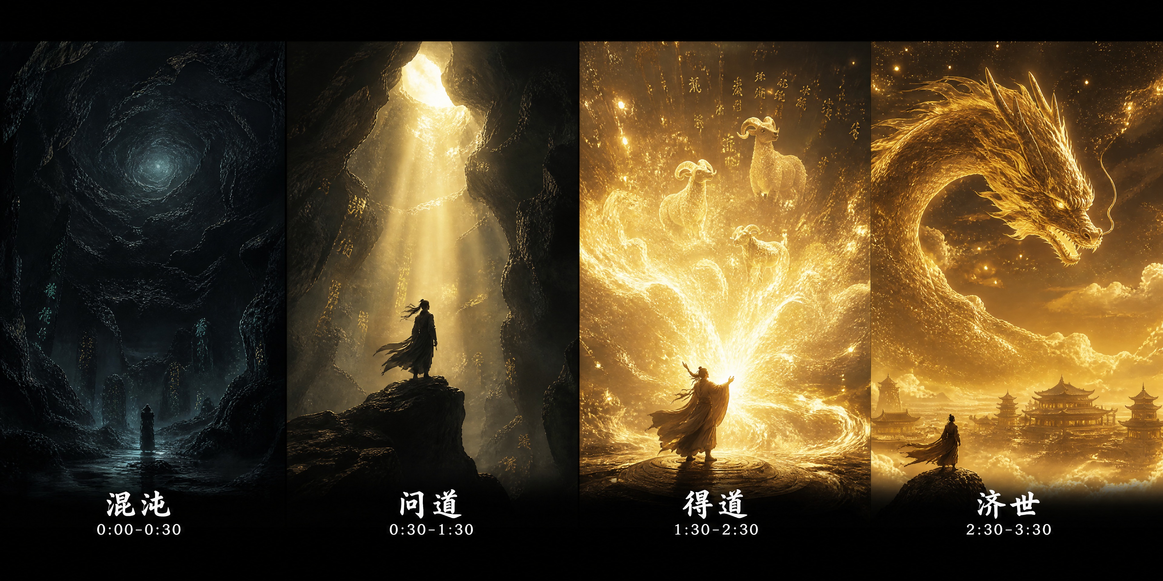 横向四格分镜图，四幕叙事，整体从暗到亮再到暖的情绪曲线。第一格… - 图片创意预览