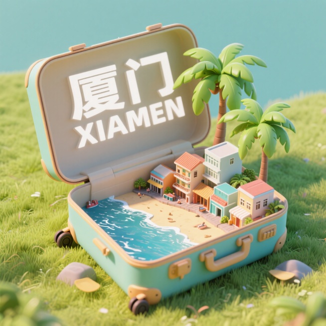 俯视图，一个打开的行李箱，行李箱内侧盖子写着“厦门 XIAMEN“，行李箱体里是沙坡尾、大海、椰子树组成的3d微缩景观，行李箱被放在草地上预览效果