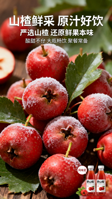 电商详情页原料展示图，鲜果本味风，突出新鲜山楂原料，主标题"山楂鲜采 原汁好饮"，副标题"严选山楂 还原鲜果本味"，小字补充"酸甜不齁 大瓶畅饮 聚餐常备"，画面展示新鲜采摘的红色野生山楂，点缀野山楂预览效果
