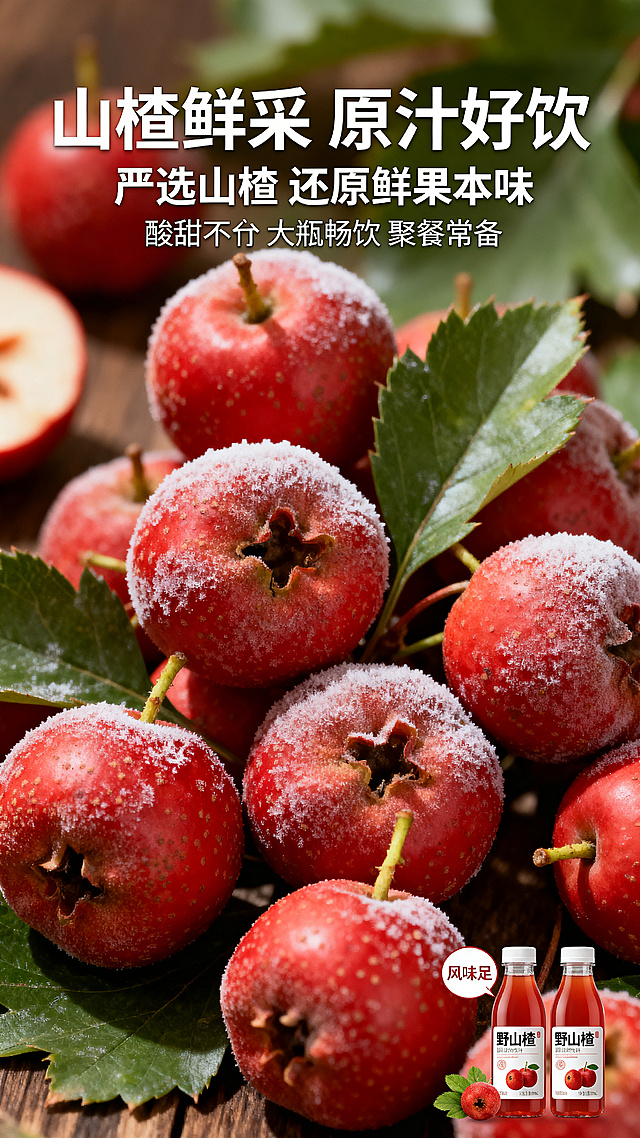 电商详情页原料展示图，鲜果本味风，突出新鲜山楂原料，主标题"山楂鲜采 原汁好饮"，副标题"严选山楂 还原鲜果本味"，小字补充"酸甜不齁 大瓶畅饮 聚餐常备"，画面展示新鲜采摘的红色野生山楂，点缀野山楂果汁饮料，强调"风味足"，淡化功能，强调食材本源，完全避免"开胃"二字，整体风格自然清新