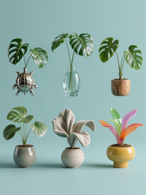 一张纯色背景的图片，画面中是6个完全不同材质、不同造型的龟背竹系列素材集合，它们被规整地排布着。这些龟背竹保持着绿植的内容，有的龟背竹叶片呈现出金属材质，造型独特，线条硬朗；有的是玻璃材质，晶莹剔透，叶片造型圆润；有的是木质材质，带着自然的纹理，造型古朴；有的是陶瓷材质，表面光滑，造型简约大方；有的是布艺材质，柔软飘逸，造型富有动感；还有的是塑料材质，色彩鲜艳，造型时尚。每个龟背竹都种植在不同……预览效果