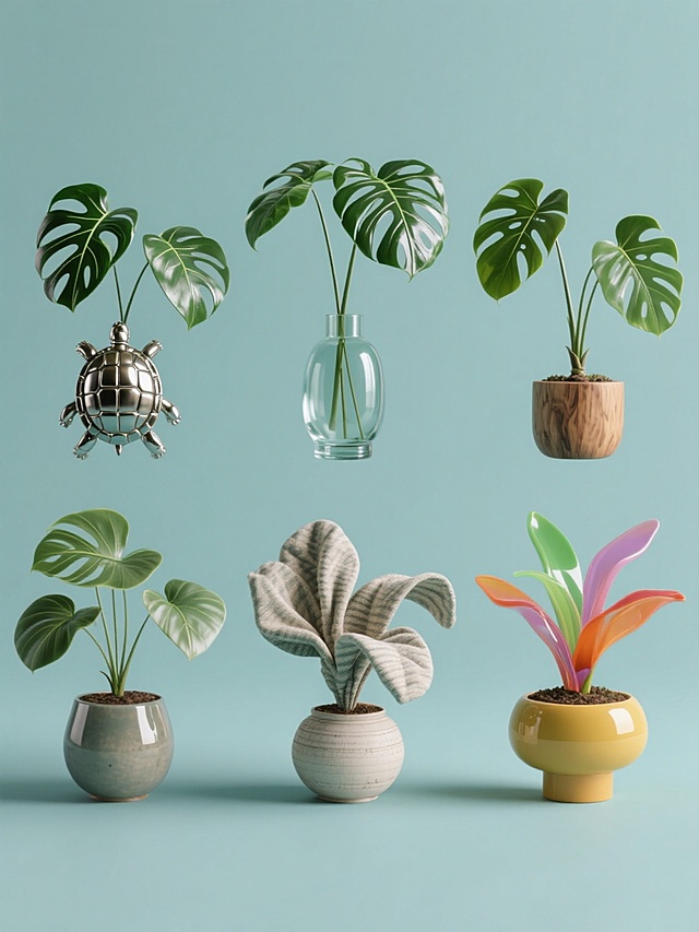 一张纯色背景的图片，画面中是6个完全不同材质、不同造型的龟背竹系列素材集合，它们被规整地排布着。这些龟背竹保持着绿植的内容，有的龟背竹叶片呈现出金属材质，造型独特，线条硬朗；有的是玻璃材质，晶莹剔透，叶片造型圆润；有的是木质材质，带着自然的纹理，造型古朴；有的是陶瓷材质，表面光滑，造型简约大方；有的是布艺材质，柔软飘逸，造型富有动感；还有的是塑料材质，色彩鲜艳，造型时尚。每个龟背竹都种植在不同样式的花盆里，整体画面简洁而富有设计感，能在短时间内清晰展现这一系列素材的特点，符合对绿植素材多样化展示的需求。