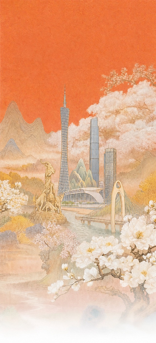 去掉画面上方的金色满月，月亮位置用暖橙色天空自然填充，保持画面其他所有元素（建筑、山水、花卉、云雾）和中国传统工笔国画风格完全不变，整体色调统一和谐