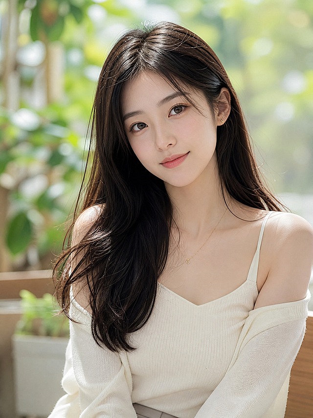 一位气质优雅的年轻美女，精致的五官，柔和的妆容，自然飘逸的长发，穿着简约时尚的服饰，背景是柔和的自然光环境，整体画面清新自然，高清细腻，人像摄影风格，构图美观