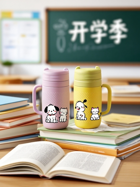 两个萌趣保温杯，印着小狗、小猫卡通图案，错落摆在叠放和翻开的书上，层次分明。明亮教室为背景，黑板是模糊的“开学季”三个字，满是温馨童趣。马卡龙紫、绿、白搭配和谐，杯身图案生动、有质感，书本纹理清晰，光预览效果