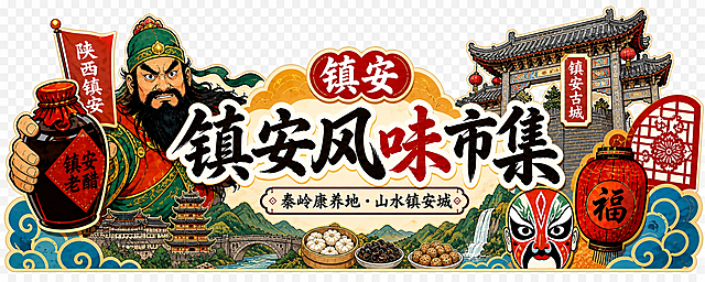 参考图同款风格的市集门头插画，保持原构图版式和国潮手绘风格，将主题改为陕西镇安，替换对应地方特色元素，透明背景，精美插画