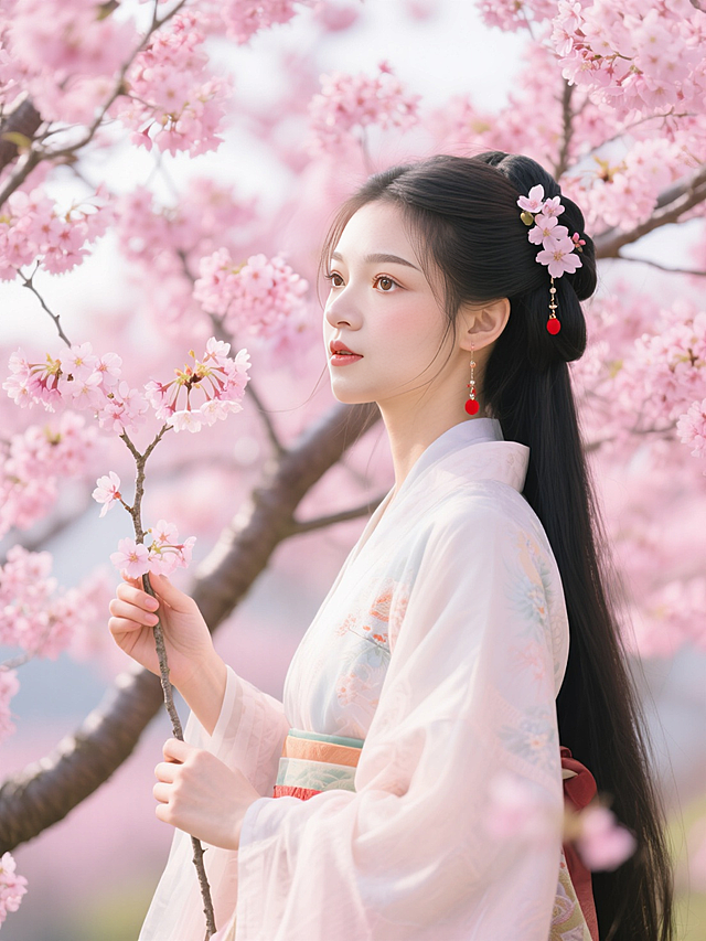 一位身着古风服饰的女子，她身处一片盛开的粉色花树之中。女子长发披肩，发间点缀着花朵，搭配红色耳饰，尽显古典雅致。她手持花枝，衣袂飘飘，背景的花朵繁茂艳丽，营造出一种唯美、浪漫的氛围，仿佛描绘了一个春日里的美好场景，充满了诗意与柔情。