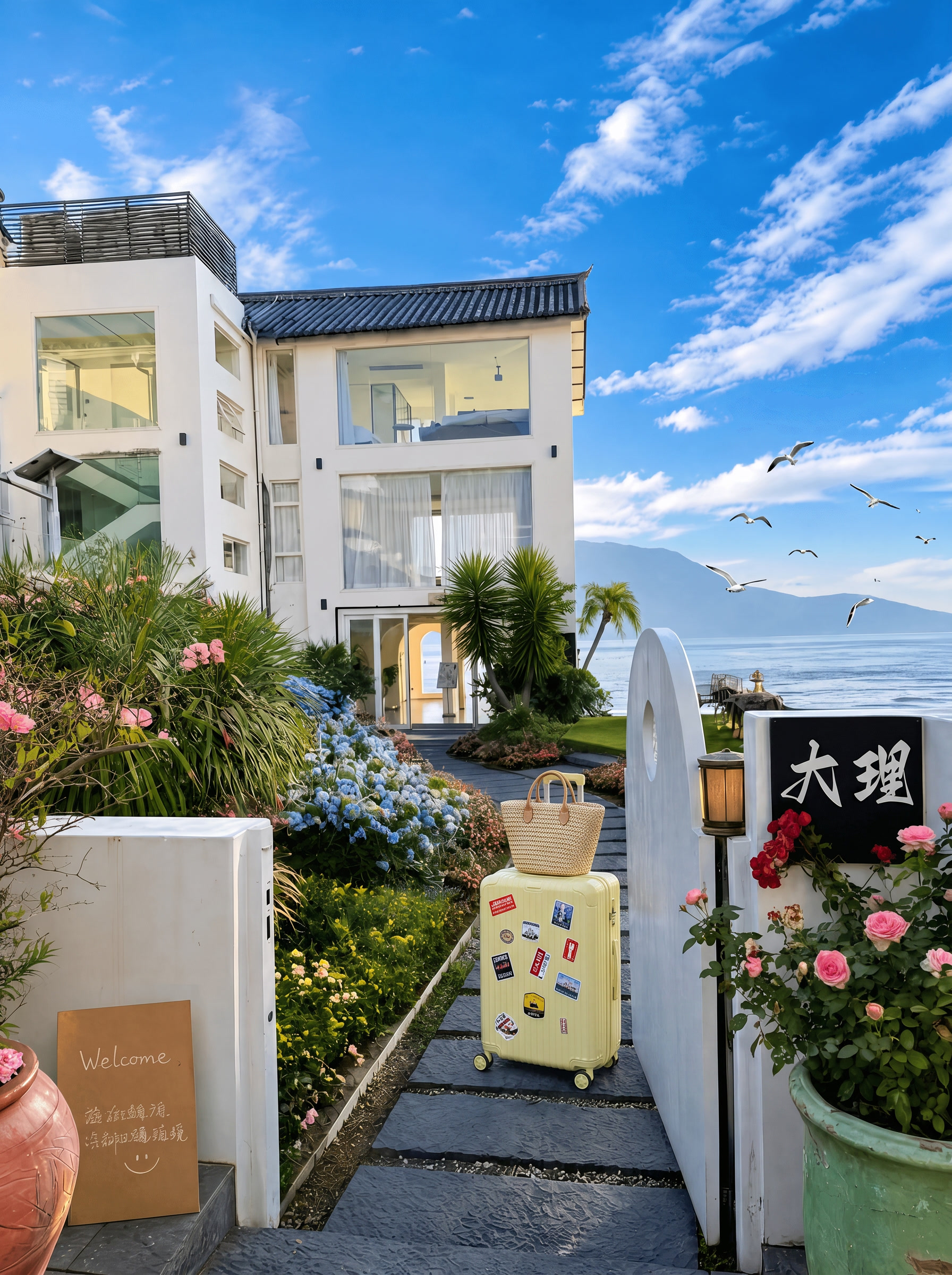 行李箱换成浅黄色，上面换成编织包包 - 图片创意预览