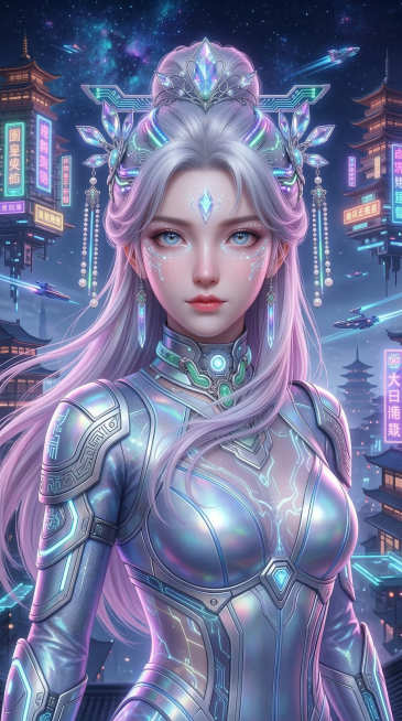 保留人物脸型和银白发色基础，换装为赛博仙侠风格：紧身银蓝机能仙侠劲装，光学透视面料，发间点缀霓虹发饰，妆容贴赛博发光闪片，表情变为飒爽坚定，氛围未来国风，背景是悬浮仙侠楼阁霓虹夜景，9:16比例预览效果