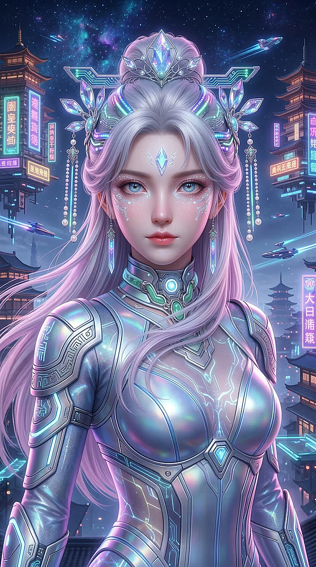 保留人物脸型和银白发色基础，换装为赛博仙侠风格：紧身银蓝机能仙侠劲装，光学透视面料，发间点缀霓虹发饰，妆容贴赛博发光闪片，表情变为飒爽坚定，氛围未来国风，背景是悬浮仙侠楼阁霓虹夜景，9:16比例