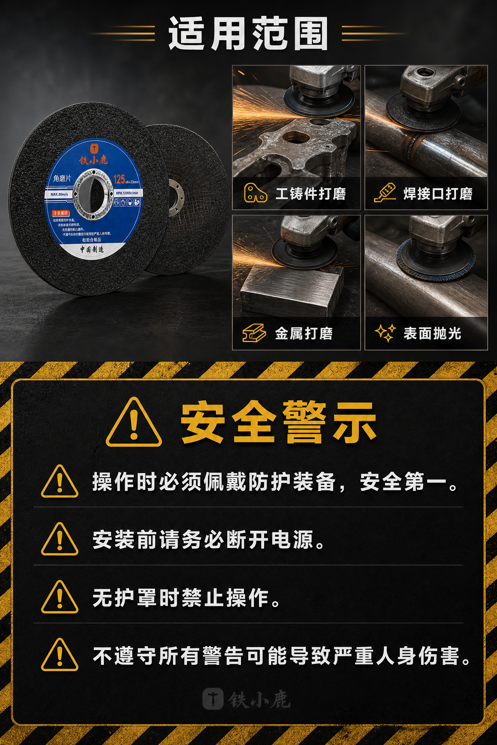 [第5张] 适用范围+安全警示页-铁小鹿角磨片应用场景与操作安… - 图片创意预览