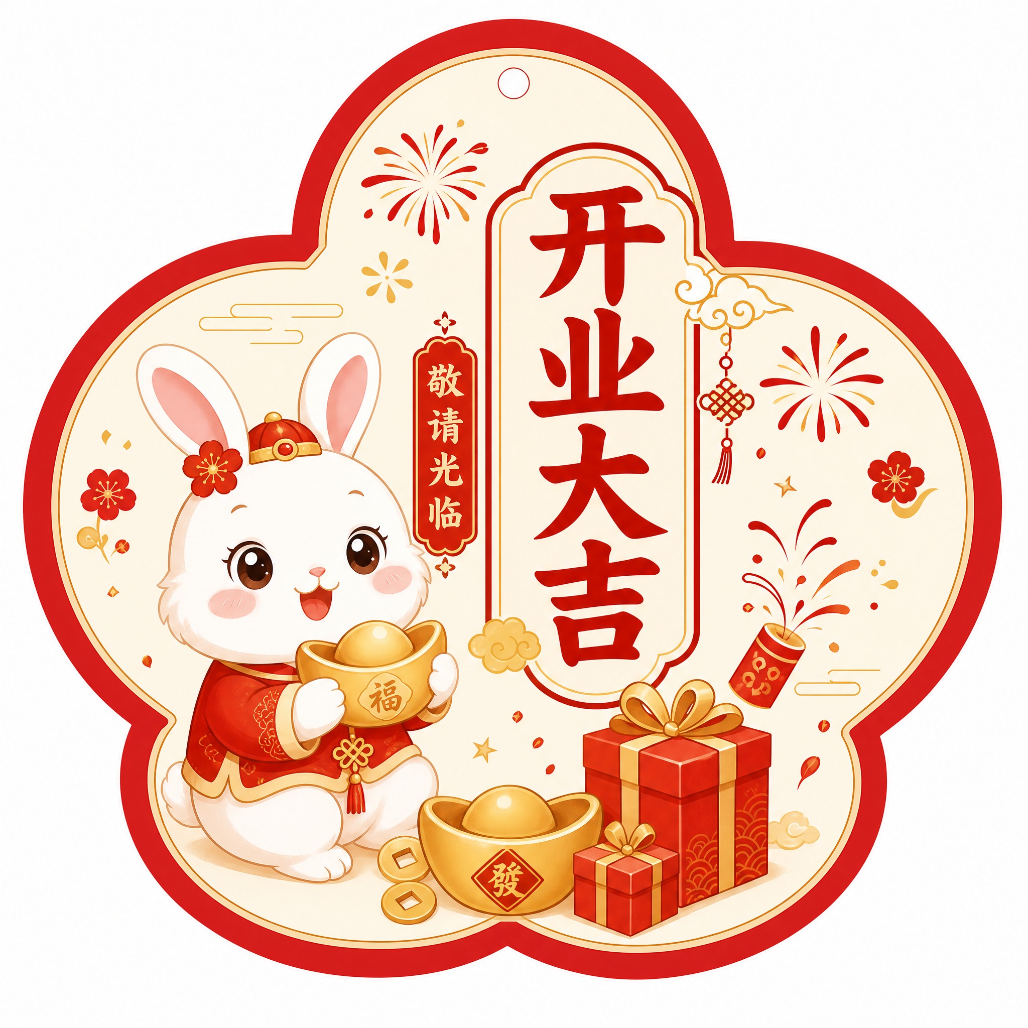 单独生成一个四叶草形状（四瓣花形/梅花形）的开业主题装饰小挂牌… - 图片创意预览