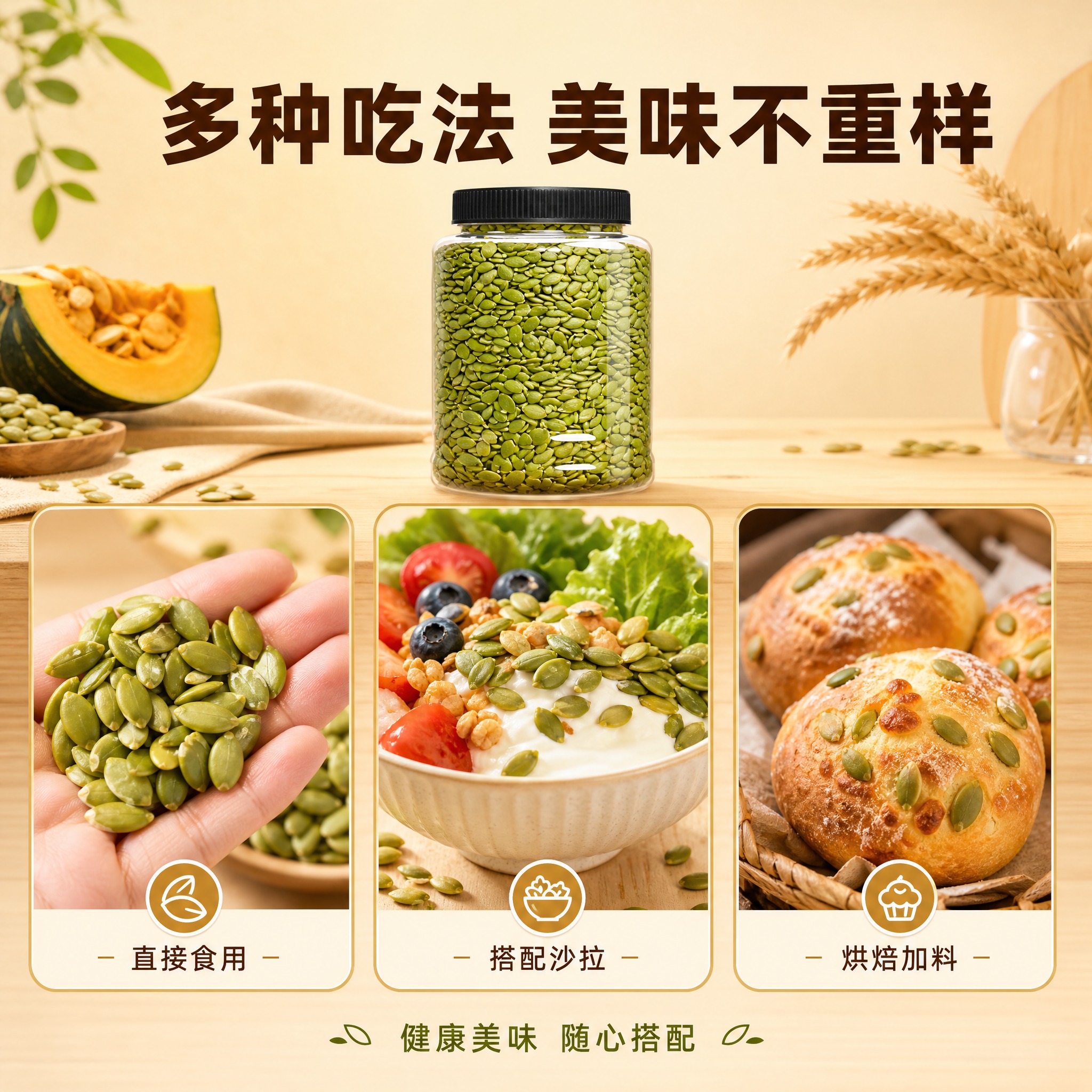 [主图-5] 主题：南瓜子仁多种食用方式展示。唯一任务：展示产… - 图片创意预览
