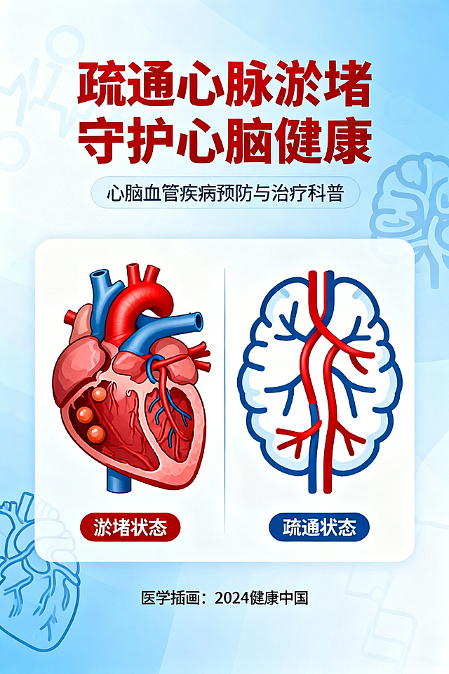 心脑血管疾病科普海报，画面展示心脑血管淤堵与疏通的对比示意图，搭配专业医疗风格背景，突出“疏通心脉淤堵 守护心脑健康”核心信息