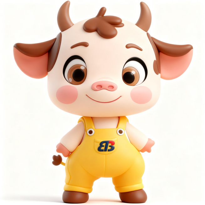 基于参考图的橡胶软3D小牛形象，调整为纯正好角度正脸，保留黄色背带裤和logo，保持橡胶材质和可爱风格预览效果