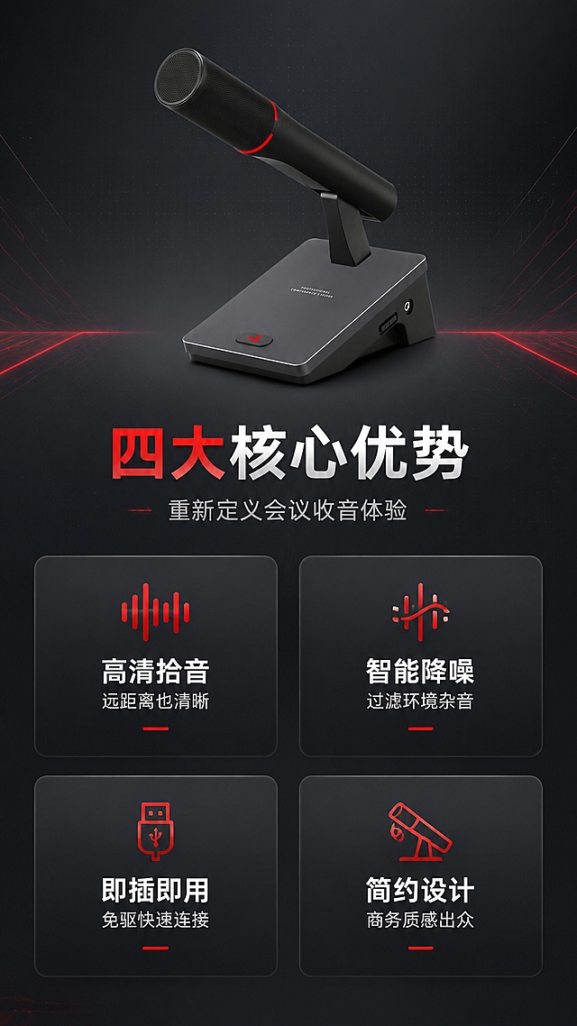 [第3屏] 核心卖点总览-四大核心优势。本屏使用【图1】作为商品主体展示。
[氛围/风格] 商务科技风，深灰背景配红色点缀，卡片式布局，专业简洁。
[元素布局] 产品置于画面上方中央，占比约35%；下方为四大卖点卡片，2x2布局，每张卡片配图标和简短说明；背景有细微的科技网格纹理和发光线条装饰；产品外观、结构、颜色与输入图完全一致。
[光影质感] 顶部柔光均匀照明，产品下方柔和投影，卡片有轻微悬浮感和阴影，整体明亮清晰。
[配色色系] 全局底色 #23272E 深灰；主色深灰黑；辅助色 #E63946 红色、浅灰卡片、白色文字。
[视角构图] 正面平视，上产品下卡片，阅读动线从上到下，从左到右。
[文字版式] 版式为顶部产品 + 中部标题 + 底部四宫格卖点卡片。主标题「四大核心优势」，副标题「重新定义会议收音体验」；四张卡片分别为：左上「高清拾音 远距离也清晰」配声波图标，右上「智能降噪 过滤环境杂音」配降噪图标，左下「即插即用 免驱快速连接」配USB图标，右下「简约设计 商务质感出众」配外观图标；每张卡片标题加粗，说明文字小号；文字清晰不拥挤。
[比例分辨率] 9:16 竖版比例，4K分辨率，文字清晰可辨，高清画质。
[负向提示词] 产品变形，缺件错件，颜色偏差，水印，文字错乱，文字过小，卡片变形。